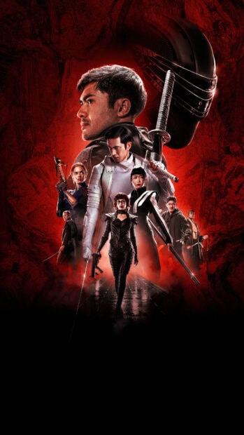 A group of action heroes with weapons standing against a red background in a movie poster