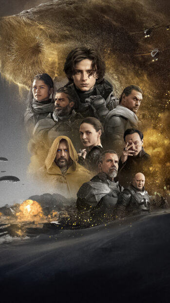 Dramatic science fiction movie poster featuring main characters in futuristic armor and desert battle scene