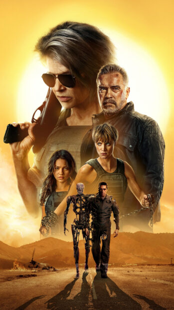 A group of characters including a robot and armed humans in a dramatic movie poster scene