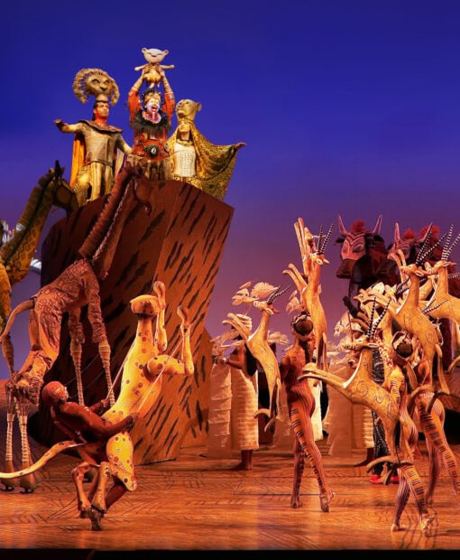 Theatrical performance with musical costumes and vibrant characters staging a dramatic scene