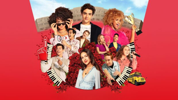A diverse group of teenagers celebrating music with pianos and roses on a vibrant red background