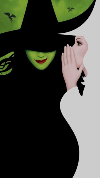 A woman whispering to a witch with a musical note on her hat