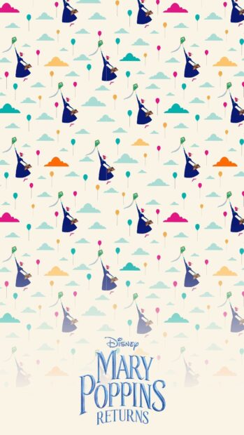 A musical pattern featuring Mary Poppins flying with a kite and balloons in a whimsical sky design