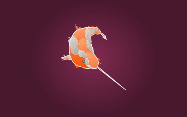 A stylized narwhal with intricate orange and gray patterns swimming on a dark purple background