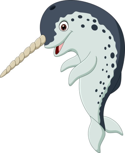 A happy narwhal cartoon character with a long spiral tusk swimming