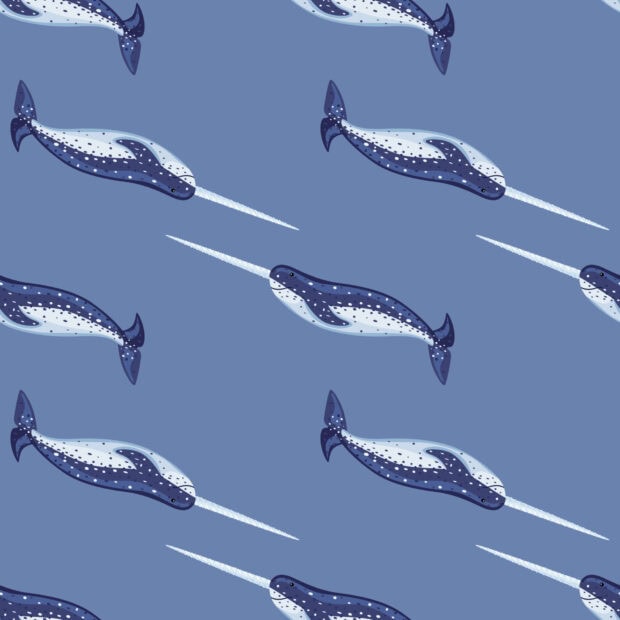 A seamless pattern of narwhal creatures swimming in a blue ocean design