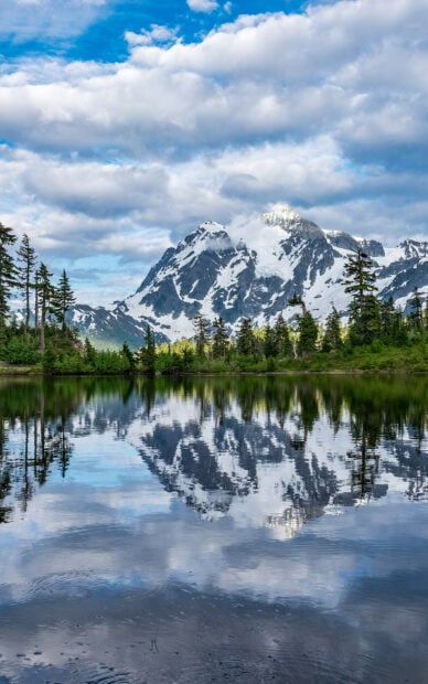 Snowy mountain peak reflected on lake with evergreen trees and cloudy sky