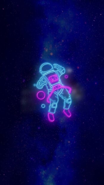 Neon astronaut floating in space with neon abstract design glowing in blue and pink