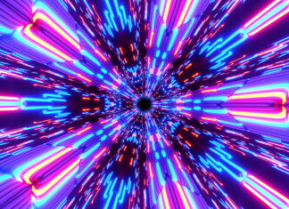 Neon abstract design with colorful vibrant lines converging towards center creating dynamic effect