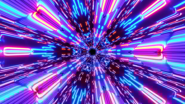 Neon abstract design with colorful vibrant lines converging towards center creating dynamic effect