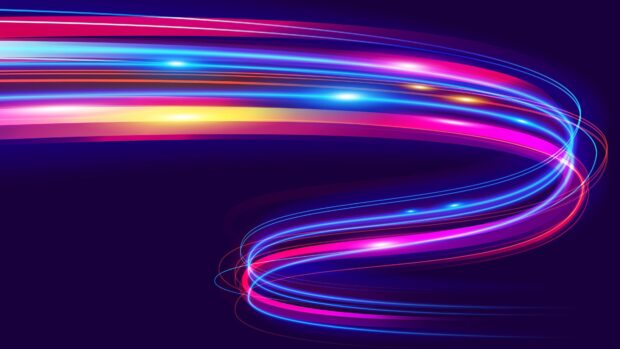 Vibrant neon abstract light trails creating dynamic colorful shapes on dark background