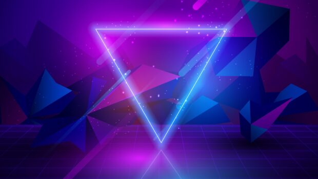 Neon abstract design with glowing triangle and geometric shapes in vibrant colors