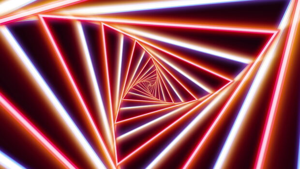 Neon abstract geometric shapes glowing with vibrant red and white lights in a spiral pattern