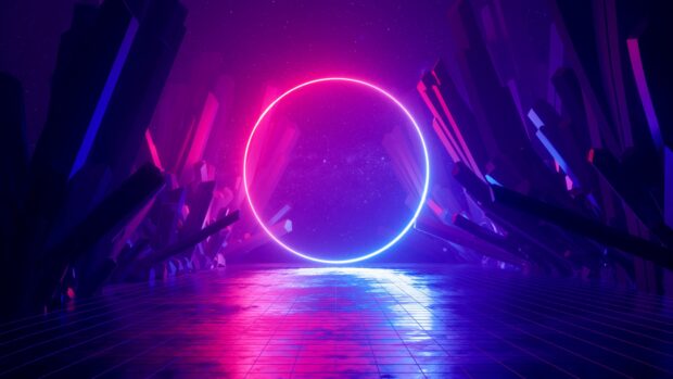 Neon abstract glowing circle with geometric shapes and vivid colors