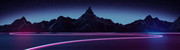 Neon abstract lines forming a futuristic landscape with mountains and glowing tracks under a starry sky