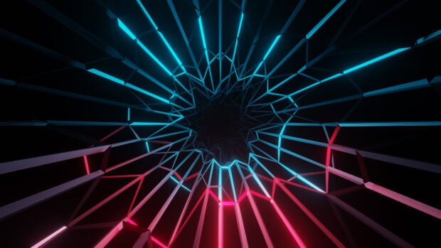 Blue and red neon abstract lines forming a tunnel pattern in 3D space