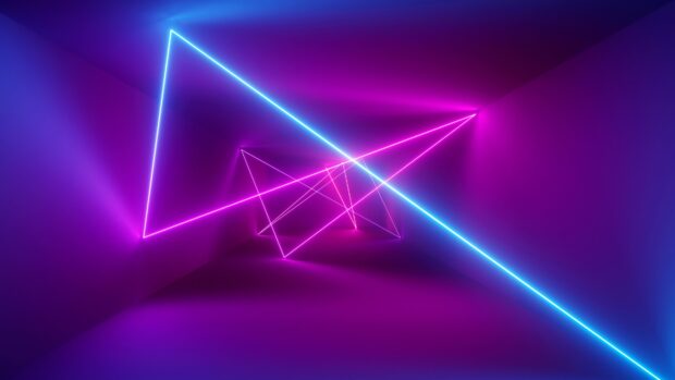 Neon abstract lines forming geometric shapes in purple and blue tones