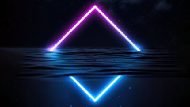 Neon abstract with glowing triangle reflected on water surface
