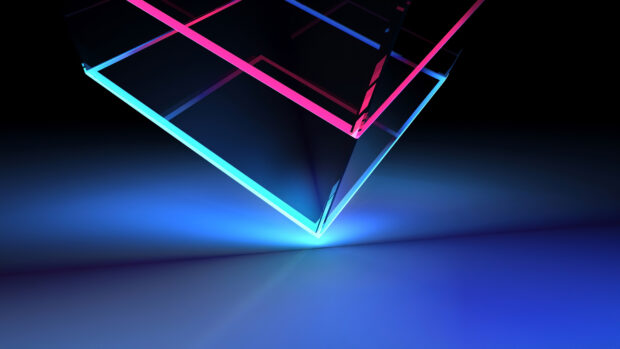 Transparent cube with neon abstract lines glowing in blue and pink colors