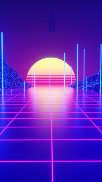 Neon abstract design with glowing grid lines and sunset in vibrant neon colors