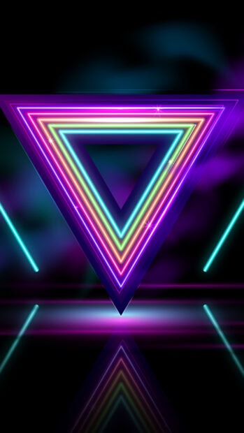 Bright neon abstract with glowing geometric triangle shapes and colorful lines