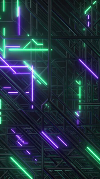 Neon abstract lines and shapes with glowing green and purple lights forming a complex network