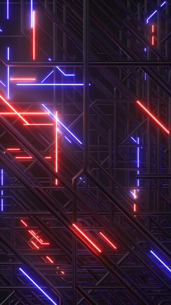 Neon abstract design with glowing red and blue lines on a complex grid structure