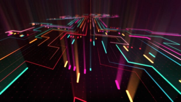 Neon circuit lines glowing with colorful lights in an abstract digital design