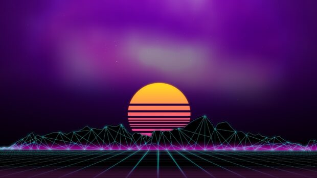 Retro futuristic neon lines forming a digital grid landscape with sunset and purple sky