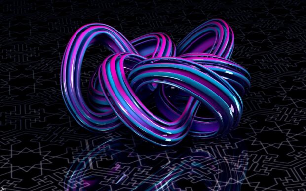 Shiny neon abstract shape with blue and pink colors on a dark patterned surface