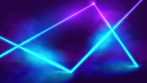 Bright neon abstract lines forming geometric shapes on a dark blue and purple smoky background