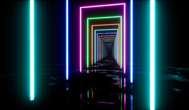 Colorful neon geometric shapes forming a glowing tunnel with vibrant light reflections