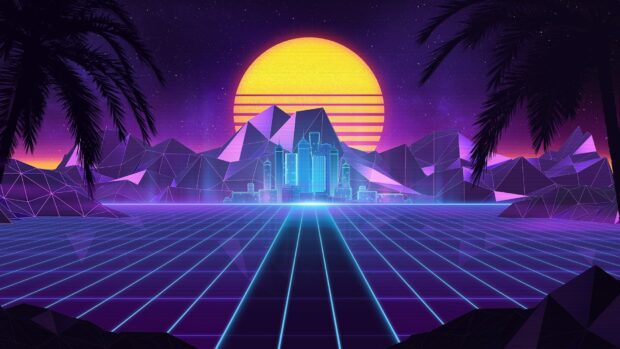 Neon abstract cityscape with geometric mountains and glowing sun at night