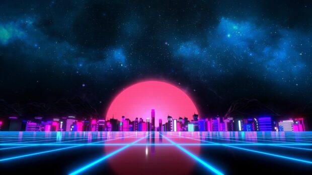 Neon abstract cityscape with neon lights and futuristic grid surface