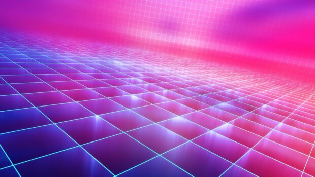 A glowing neon abstract grid with vibrant purple and pink colors forming a futuristic scene