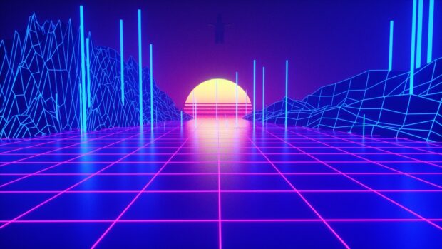 Neon abstract design with glowing grid and wireframe mountains against a vibrant sunset