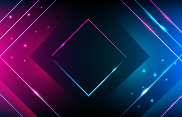 Neon abstract design with vibrant pink and blue glowing shapes and lights