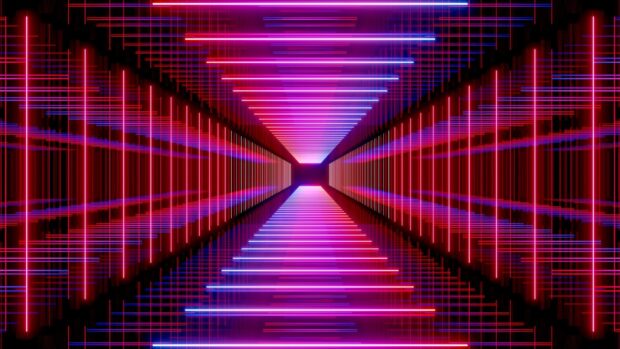 Neon abstract tunnel with vibrant lines and glowing lights in vibrant colors