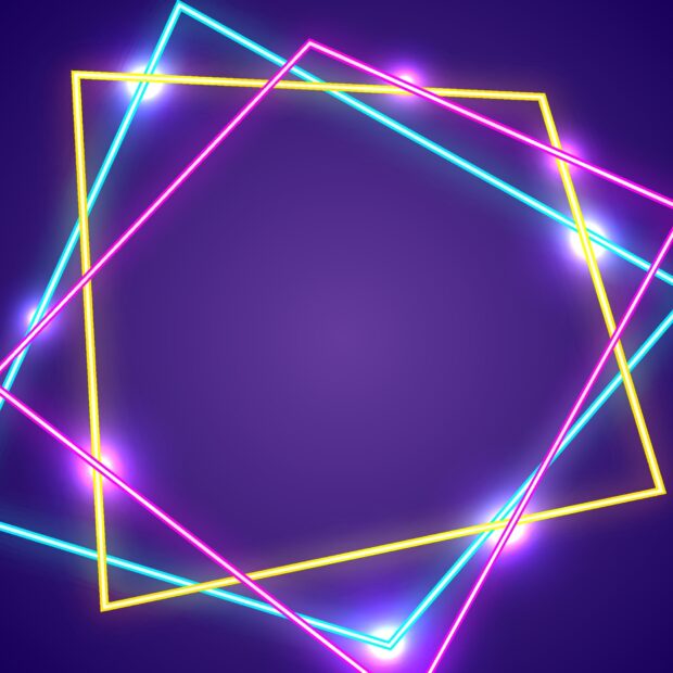 Neon abstract geometric shapes glowing with vibrant colors on a dark purple surface