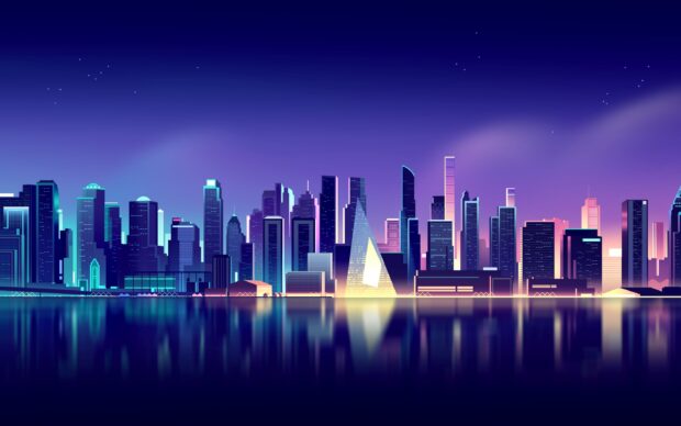 A vibrant neon skyline with illuminated skyscrapers reflecting on calm water during night sky