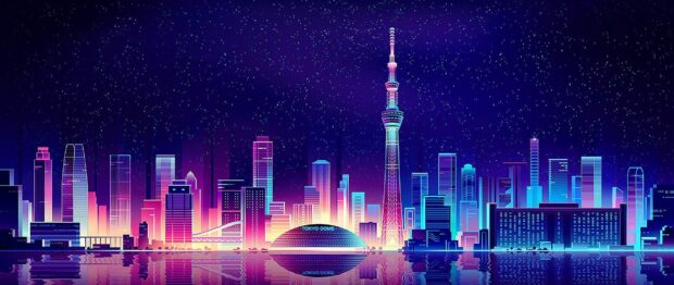 Neon skyline featuring the Tokyo Dome and vibrant cityscape illuminated in neon lights at night