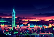 A vibrant neon skyline displaying a futuristic cityscape with glowing skyscrapers and mountains in the background