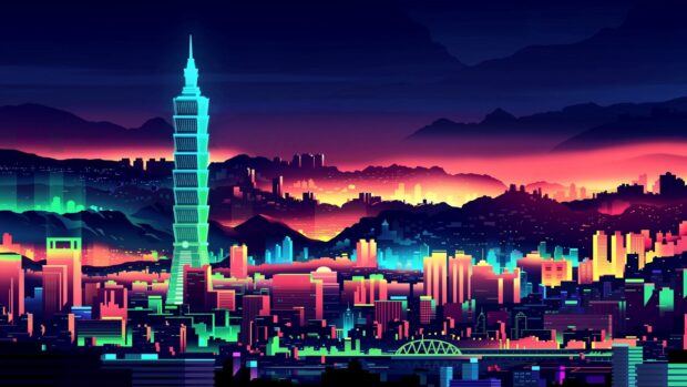 Neon skyline view with glowing neon city and vibrant colorful lights in the night