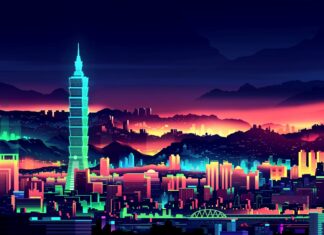 A vibrant neon skyline displaying a futuristic cityscape with glowing skyscrapers and mountains in the background