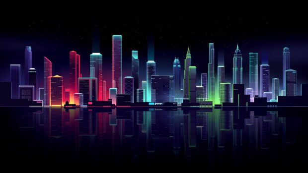 Neon skyline with colorful lights reflecting on water at night
