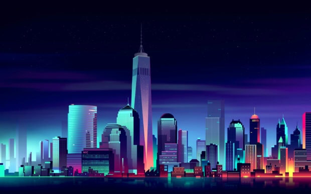 Neon skyline with vibrant city lights and glowing towers at night