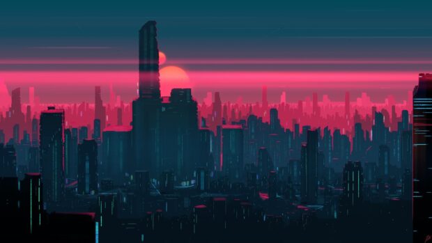 Neon skyline with vibrant pink and blue hues over futuristic city buildings at sunset