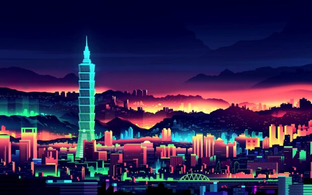 A vibrant neon skyline displaying a futuristic cityscape with glowing skyscrapers and mountains in the background