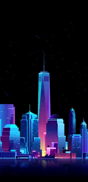 A neon skyline featuring colorful modern city buildings under a starry night sky