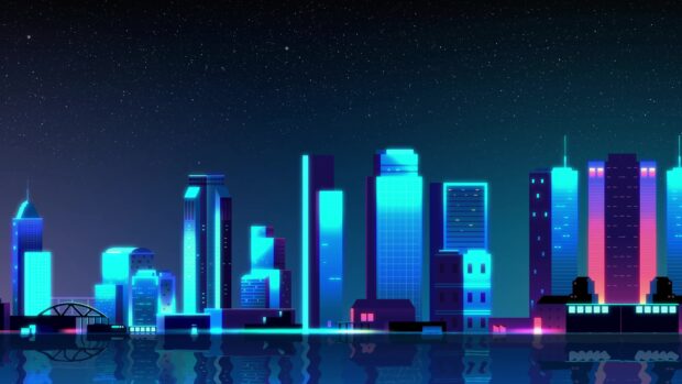A neon skyline with illuminated buildings reflecting on the water under a starry night sky